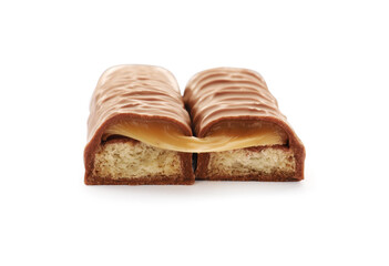 Pieces of chocolate bar with caramel on white background, closeup