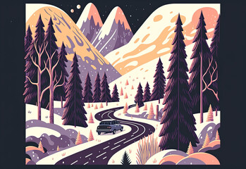 Illustration of a roadtrip bycar across the winter forest between big mountains covered with snow