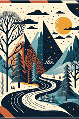 Postcard of a beautiful illustration of a colorful winter forest with pointy tall mountains and a road in the middle of some trees