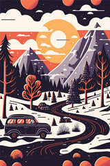 Postcard of a retro roadtrip across the winter forest at sunset with beautiful warm tones