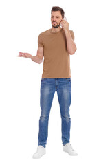 Fototapeta premium Man talking on phone against white background