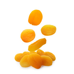 Tasty dried apricots falling on white background