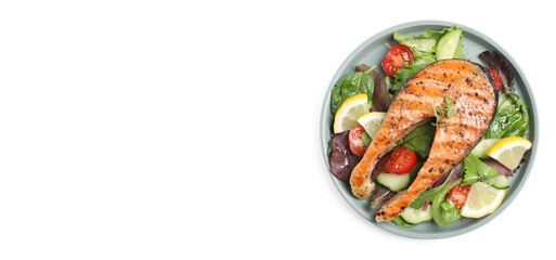 Set with tasty grilled salmon on white background, top view. Banner design