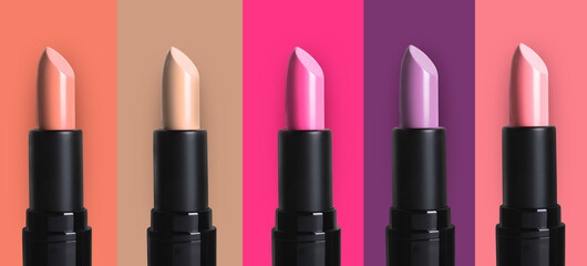 Set with beautiful lipsticks on different color backgrounds. Banner design