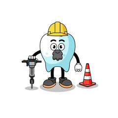 Character cartoon of tooth working on road construction
