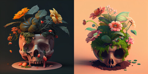 Flowers in a garden. 3d, render, colorful spring and summer illustration, collection,  isolated composition
