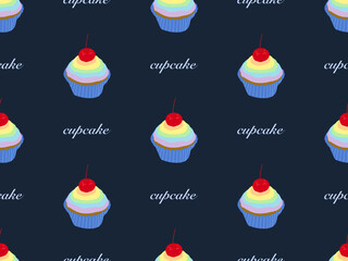 Cupcake cartoon character seamless pattern on blue background