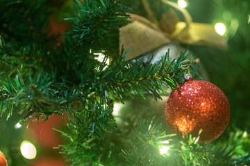 Lights and ornaments on a Christmas Tree