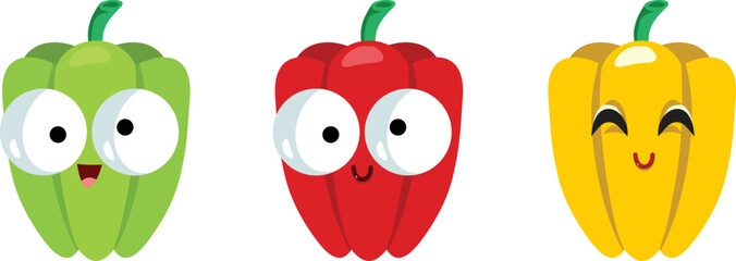 Three Cartoon Bell peppers in Different Colors Vector Cartoon Illustration. Adorable capsicum pepper characters smiling together
