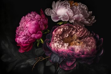 Digital illustration of photorealistic peonies on dark watercolors background, generative art 