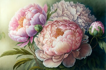 peonies on muted color background, generative art 