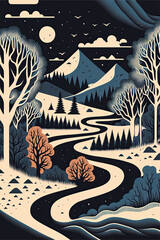 Postcard of a retro landscape of a winter landscape of a snowy forest