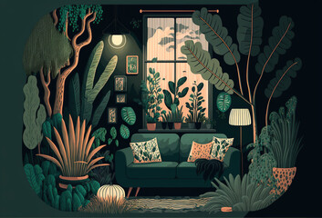 Postcard of a retro green living room full of different plants and a small light
