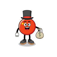 china flag mascot illustration rich man holding a money sack