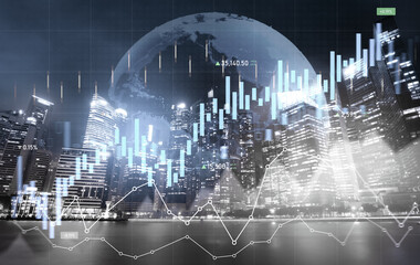 Financial graphs and digital indicators overlap with modernistic urban area, skyscrabber for stock market business concept. Double exposure.