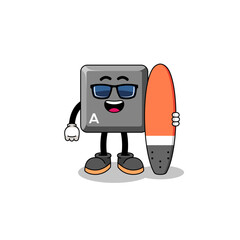 Mascot cartoon of keyboard A key as a surfer