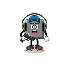 Character mascot of keyboard A key doing shooting range