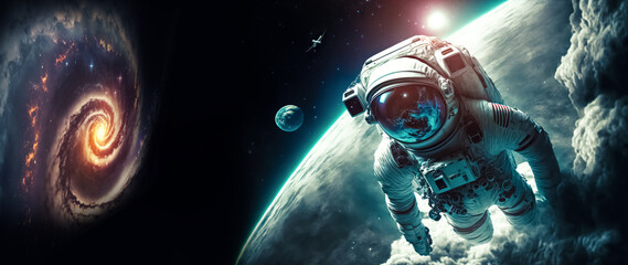 Astronaut in the outer space over the planet earth with glowing huge nebula. Abstract space wallpaper. Elements of this image furnished by nasa - obrazy, fototapety, plakaty