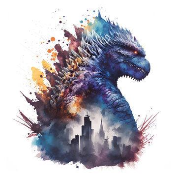 Kaiju Dinosaur Dragon Monster with a Superimposed City, Digital Watercolor. [Digital Art Painting, Sci-Fi / Fantasy / Horror Background, Graphic Novel, Postcard, or Product Image]