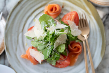 Fresh Vegetable Smoked salmon salad,Mediterranean salad eating