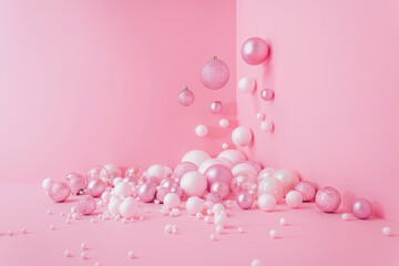 Creative Abstract Festive composition with Christmas design pink pastel color background and pink and white balls Minimal concept of New Year's and Christmas Holidays. Flat lay.
