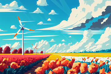 colorful tulip field with windmill