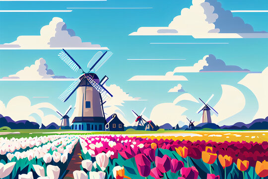 colorful tulip field with windmill