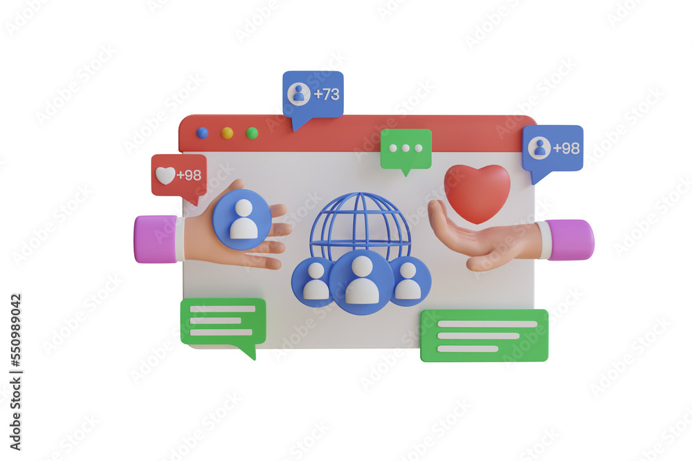 Poster interaction between people through social networks. social network user interface with new likes, co