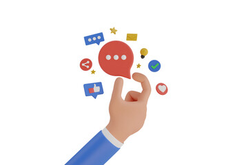 Fototapeta premium 3D Hand holding bubble talk sign in social media. Social media creative idea 3d concept with realistic design. Online social network. Business communication applications. 
