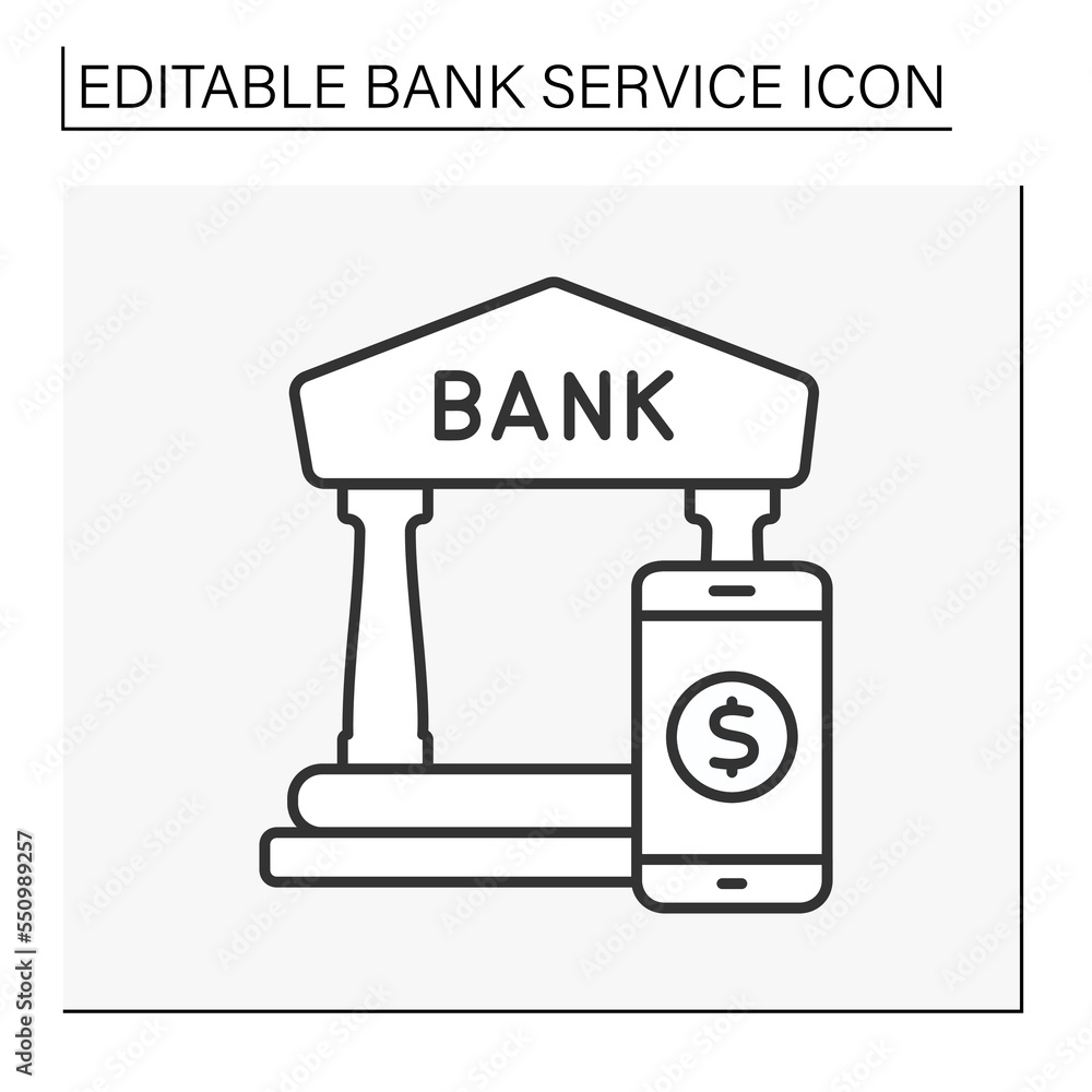 Poster finance line icon. bank building.mobile application. limit access. savings for future.banking concep