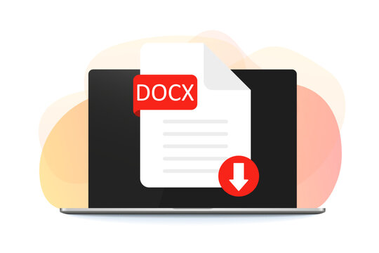 Download DOCX icon file with label on screen computer. Downloading document concept. DOCX label and down arrow sign. Vector stock illustration.