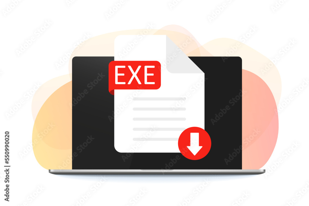 Poster download exe icon file with label on screen computer. downloading document concept. exe label and do