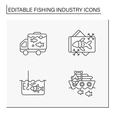  Fishing industry line icons set.Transporting fish, storage, river sea and fishing vessel. Business concepts. Isolated vector illustrations. Editable stroke