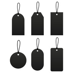 Blank black paper price tags or gift tags of various shapes. Discount tags icon shapes of various shapes with rope for store.
