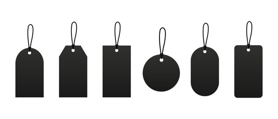 Blank black paper price tags or gift tags of various shapes. Discount tags icon shapes of various shapes with rope for store.
