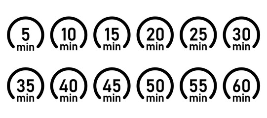10, 15, 20, 25, 30, 35, 40, 45, 50 min,Timer, clock, stopwatch isolated set icons. Great design for any purposes. Vector logo	