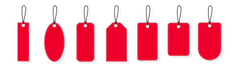 Blank red paper price tags or gift tags of various shapes. Discount tags shape icon of various shapes with rope for shop.