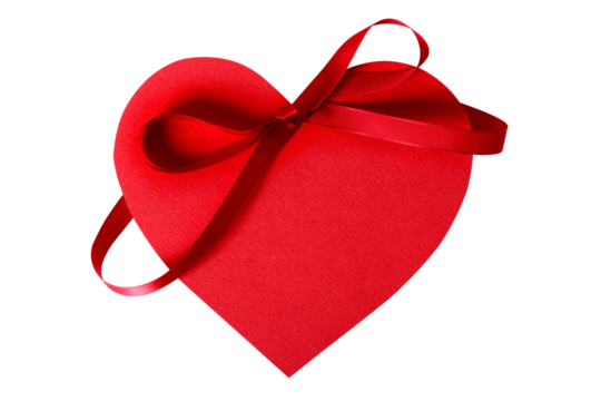 Valentine gift tag card red heart shape with ribbon decoration isolated transparent background photo PNG file