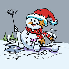 snowman with broom vector for card illustration decoration