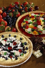 Sweet pizza-style dessert with chocolate, berries, jellies and sweets