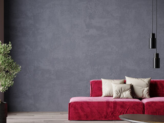 Lounge in trend viva magenta color of the year 2023. A colorful briht accent sofa . Plaster microcement wall background. Crimson, burgundy of room interior design. Gray stucco texture. 3d render 