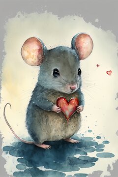 Whimsical Watercolor Illustration of Cute Mouse Holding Valentine Heart