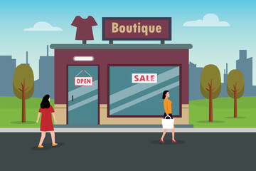 Boutique store vector concept: Young woman walking to boutique store while looking at the display window