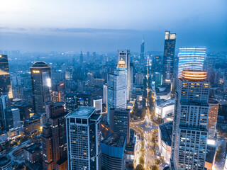 Aerial photography of the night view of modern architectural landscape in Nanjing, China