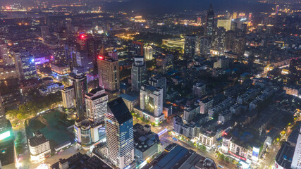 Aerial photography of the night view of modern architectural landscape in Nanjing, China