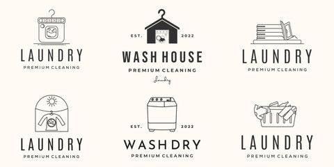 set of laundry wash logo line art vintage vector illustration concept template icon design, collection of washdry clothes with washmachine and modern concept vector illustration logo design