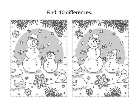 Find 10 differences visual puzzle and coloring page with two snowmen friends
