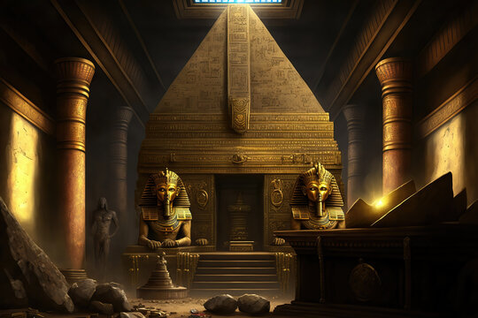 AI generated image of inside an ancient Egyptian pyramid, with various artifacts on the ground and heliographs on the walls	
