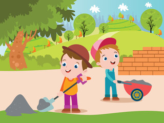 Obraz na płótnie Canvas Two happy little boys playing as handyman and build a brick wall together