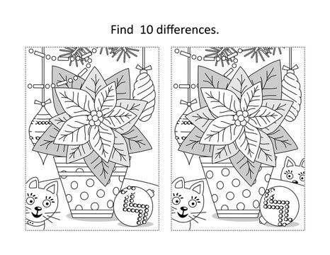 Poinsettia find the differences picture puzzle and coloring page
